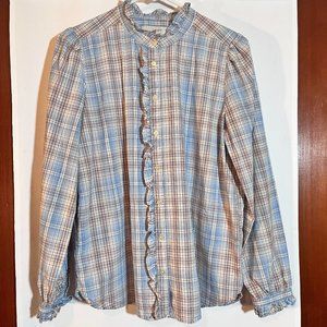 Loft Plaid Ruffled Puff Sleeve Prairie Shirt